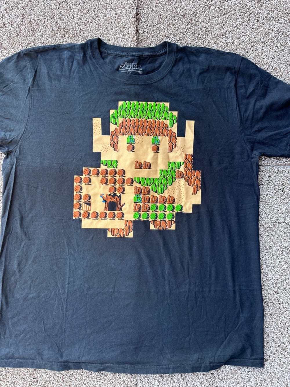 Pixel Graphic Zelda Tee in Black with Green and Tan Print